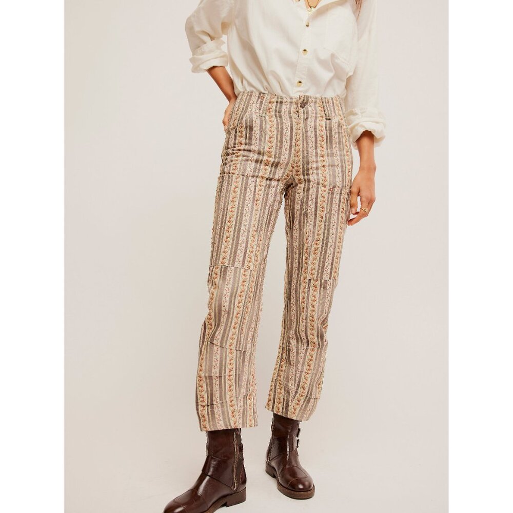 Free People Striped Ankle Pants - Cream and Brown